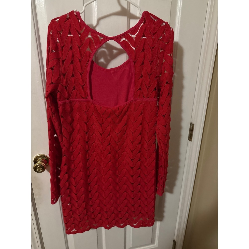 Free People‎ Red Crochet Open Back Chevron Mini Dress Long Sleeve Size L w/liner - Picture 3 of 5